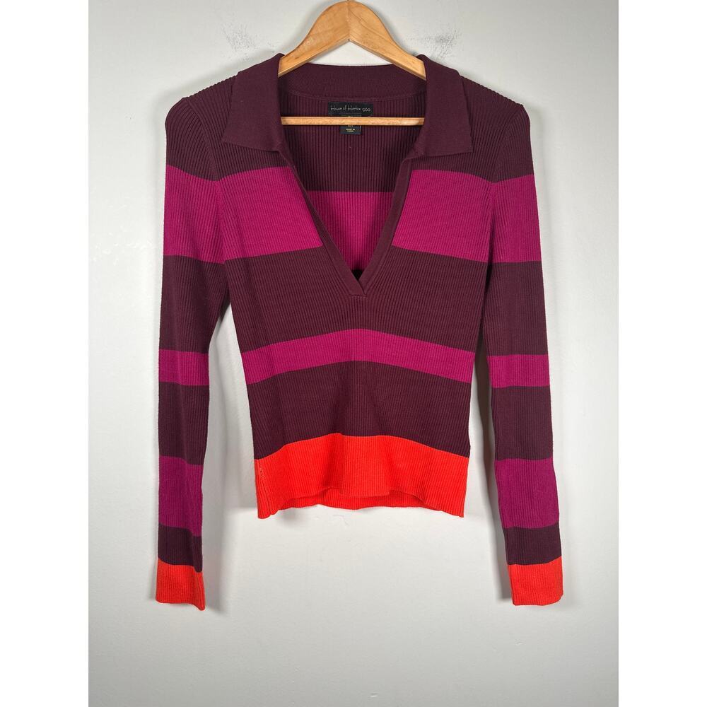 House of Harlow 1960 Color Block Long Sleeve V Neck Sweater Sz L Ribbed Stretch